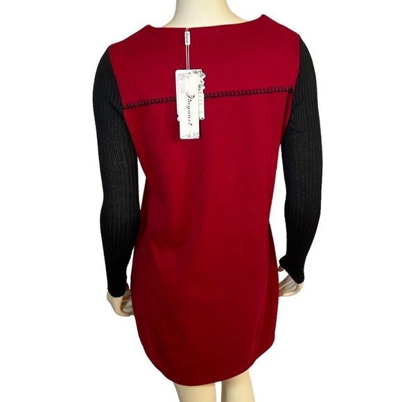 NWT Jinyanzi Soft Red Black Long Sleeve Mini Dress with Pockets Retro Vintage - Picture 4 of 11